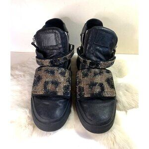 Giuseppe Zanotti Rare Leather High Top Sneaker Shoe Pave Leopard Black EU 44 /11